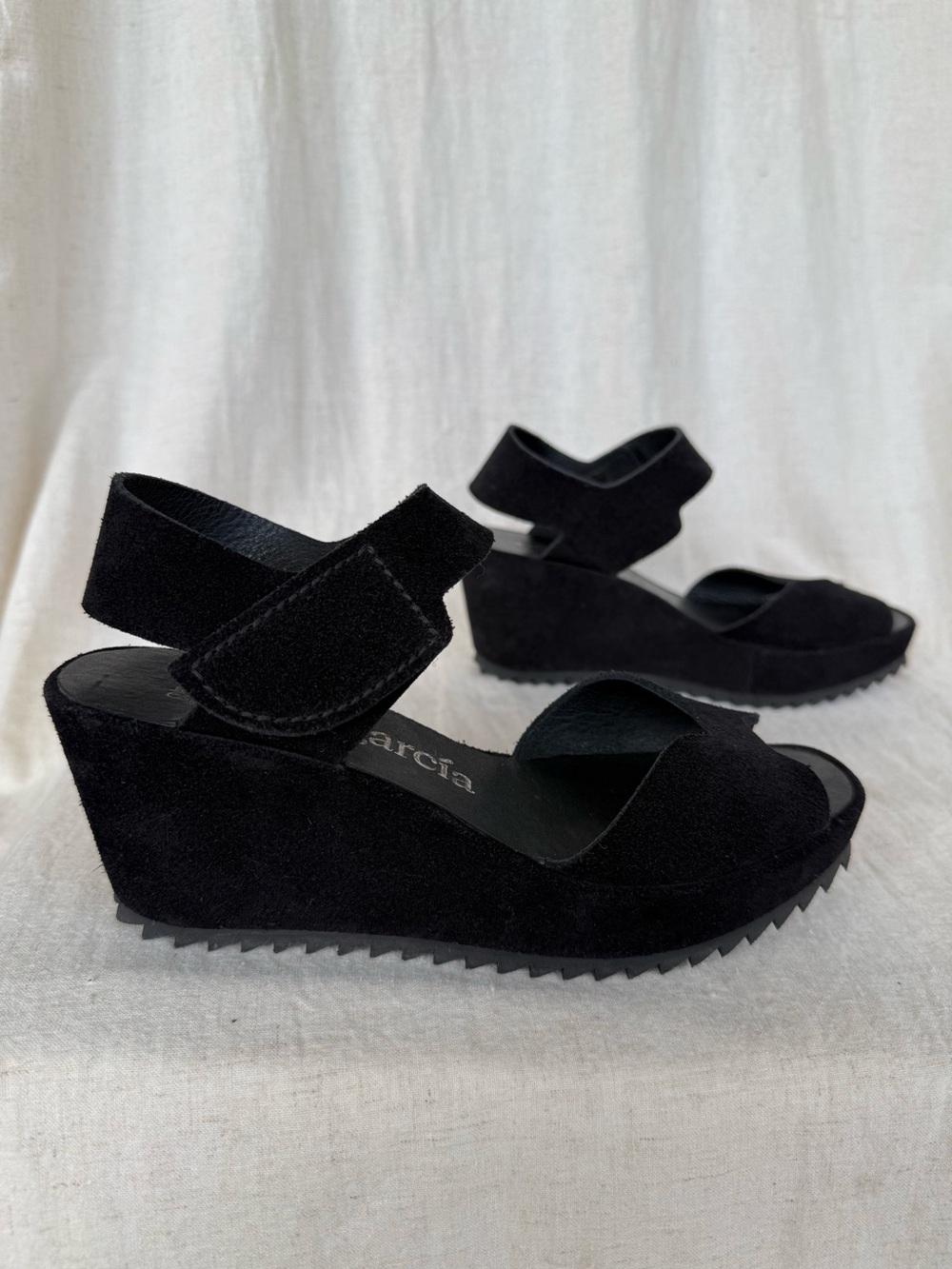 Pedro Garcia Fama - Black Suede Wedge Sandals with Ankle Strap